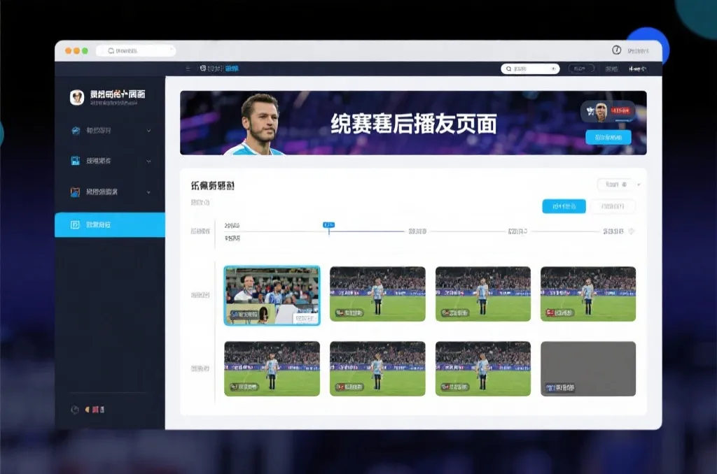 比赛结束后，电视屏幕展示集锦回放页面，旁边有时间轴和多角度切换提示